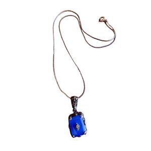 Antique Blue Glass Art Deco Sterling & Diamond Pendant Necklace (A1513)